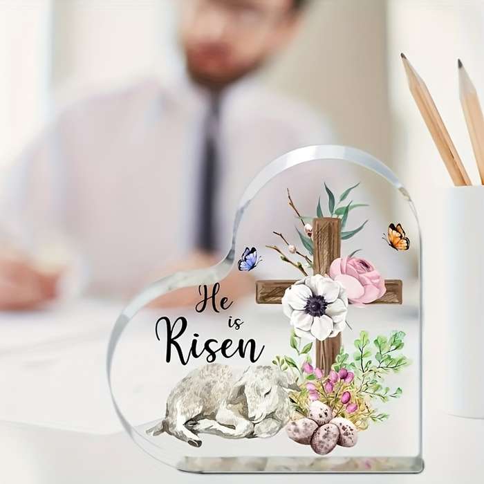 1pc 2D Flat  Heart-Shaped Acrylic Easter Decoration "He is Risen" Lamb and Cross Design with Flor