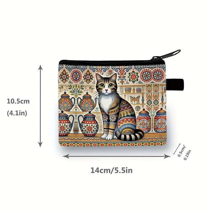 1pc Bohemian Style Cat Print Pouch Vibrant Floral Teapot Design Zipper Closure Polyester Mate