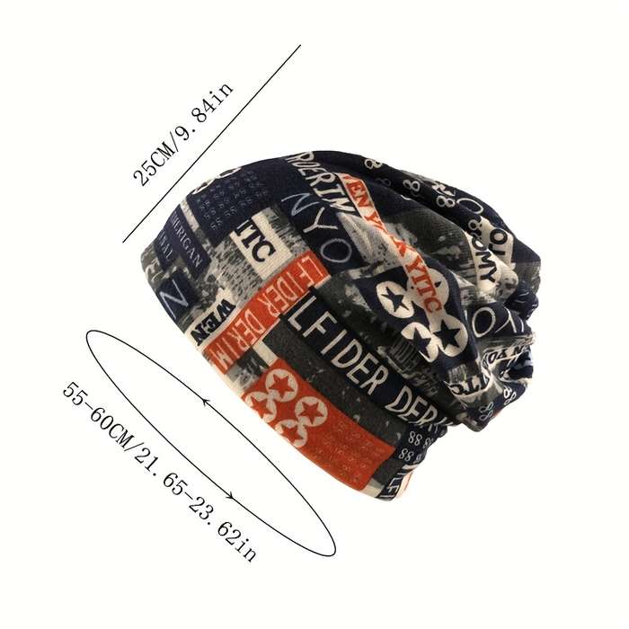 1pc Unisex Printed Beanie Hat Scarf Casual Style High Stretch Polyester with Elastane Light