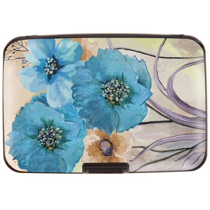 1pc Vintage Blue Flower Mini RFID Metal Wallet with Buckle Closure Bi-Fold Design Polyurethane L