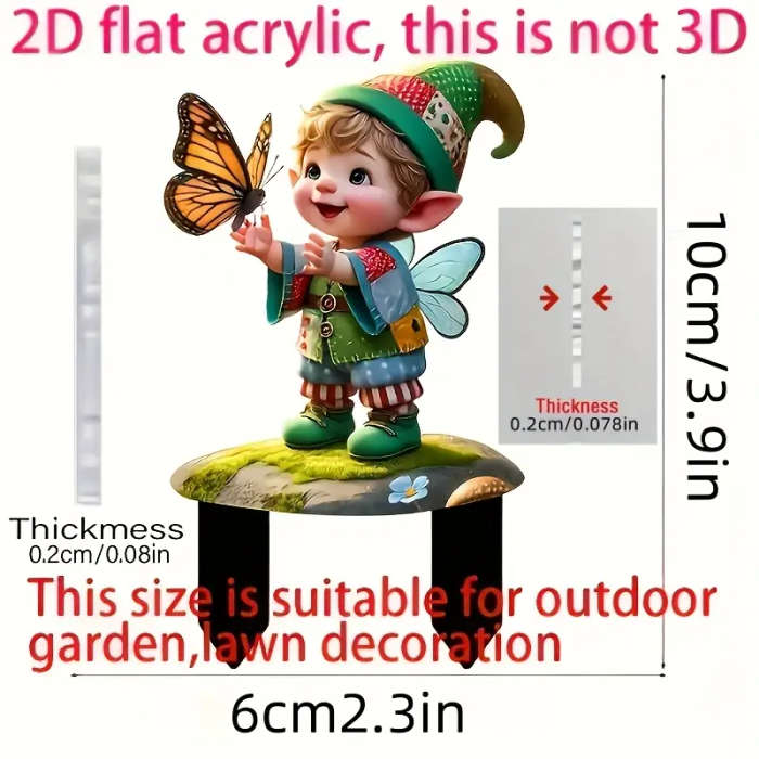 2D Flat 1 Piece Bohemian Gnome and Butterfly Acrylic Garden Pole
