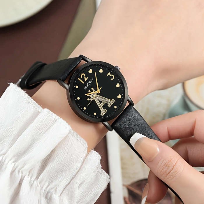 1pc Fashionable Women's Quartz Watch Round Analog Display Shock-Resistant Alloy Case PU Leather Band