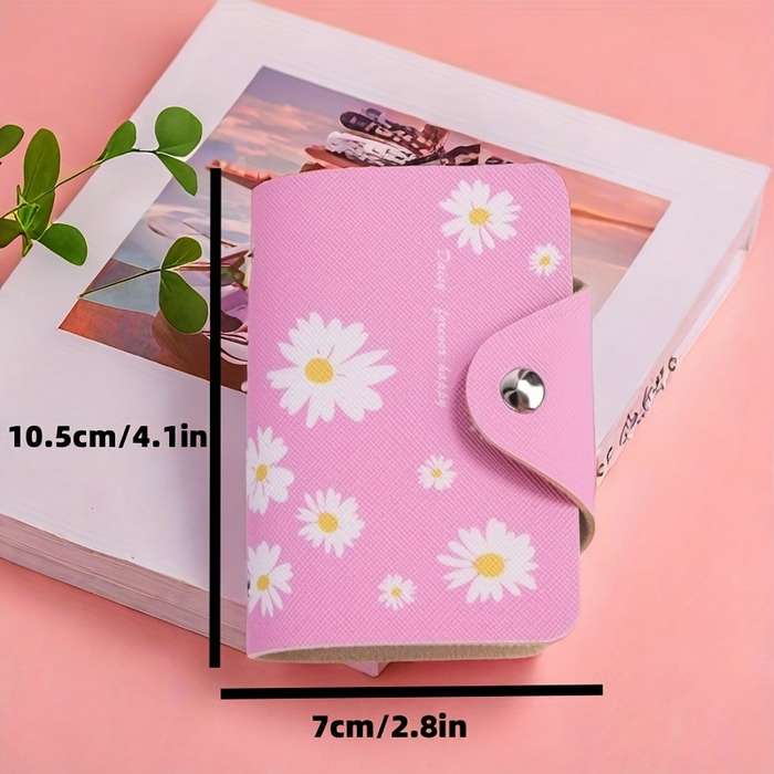 1pc 1 elegant and charming daisy mini card holder PU large capacity buckle closure multifuncti