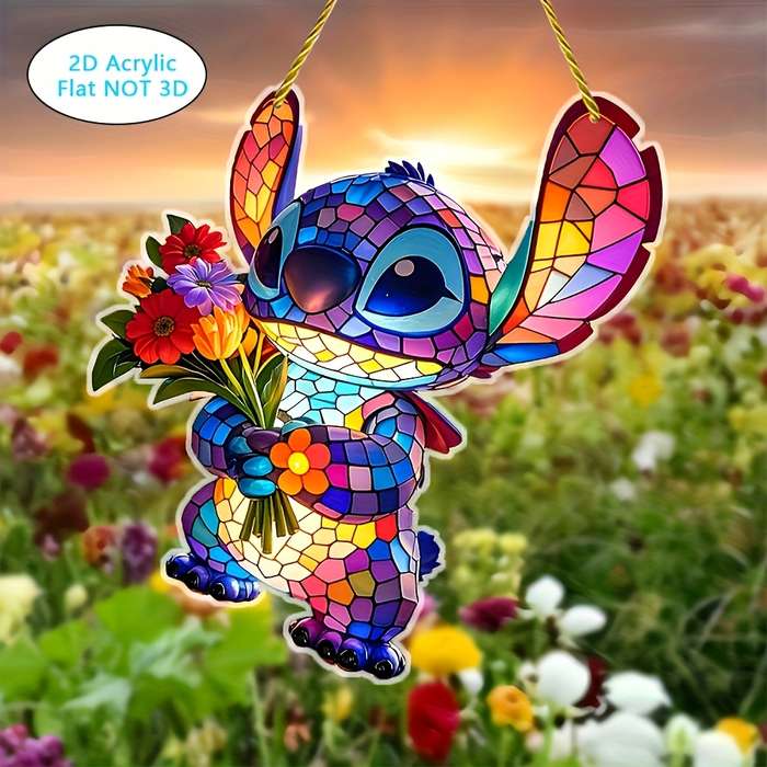 1pc 2D Flat  Decorative signs and plaques  Stitch holding flowers pendant acrylic stained glass