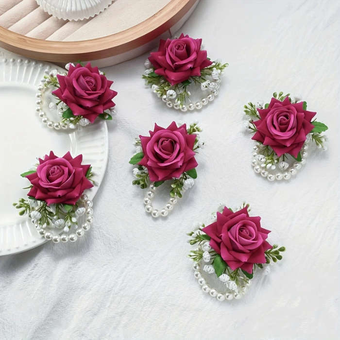 6pcs Elegant Red Rose Wrist Flowers With White Gypsophila And Faux Pearl Chain