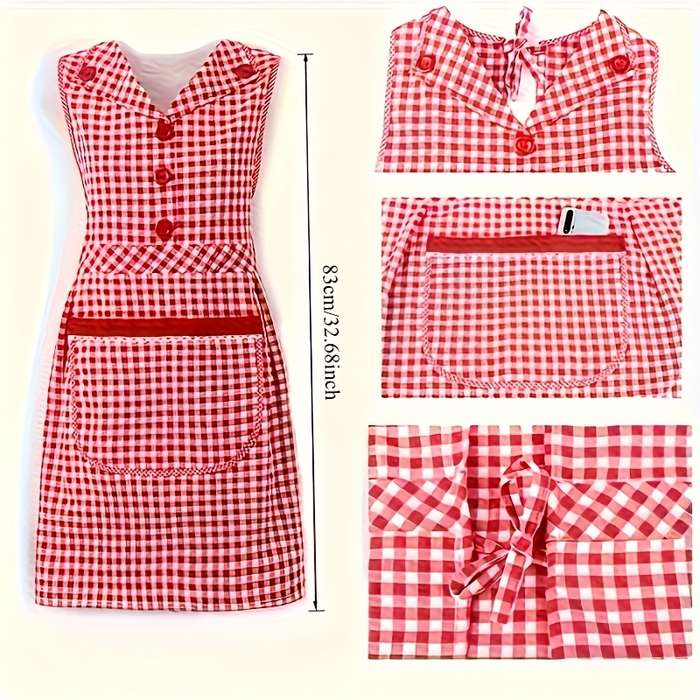 1pc Stylish Gingham Apron with Collar Red White or Black White Plaid Pattern Adjustable