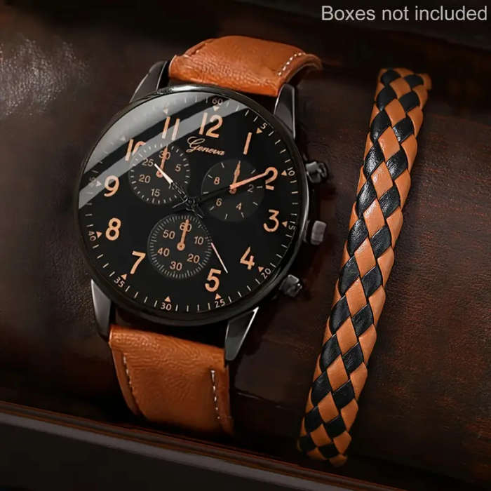 Men Watch 2pcs Set Men's Casual Quartz Wristwatch with Khaki Faux Leather Strap