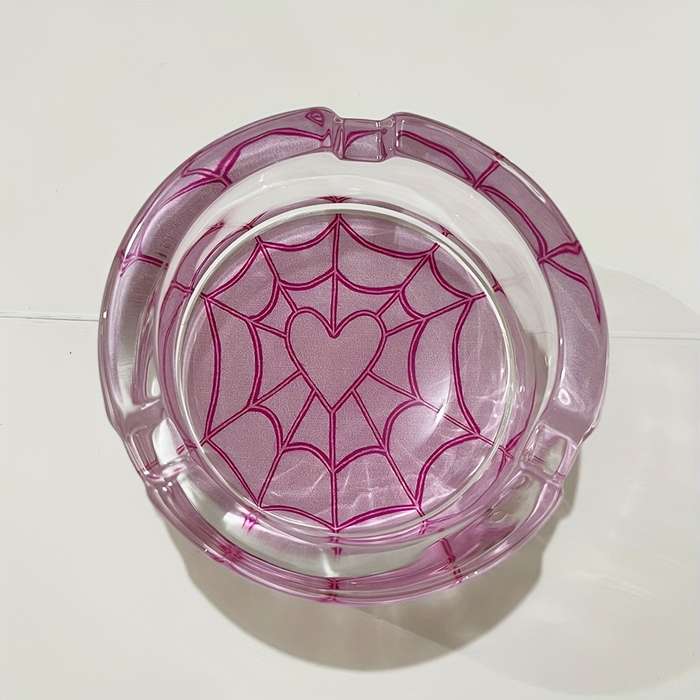 1pc Pink Spider Web Pattern Glass Ashtray 8.5CM Sweet Cute Pink Round Ashtray Creative Luxury O