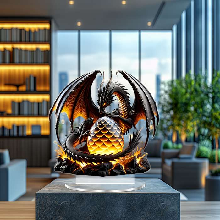 1pc 2D Flat    Acrylic Decorative Plaque Statue Majestic Black Dragon with Fiery Egg