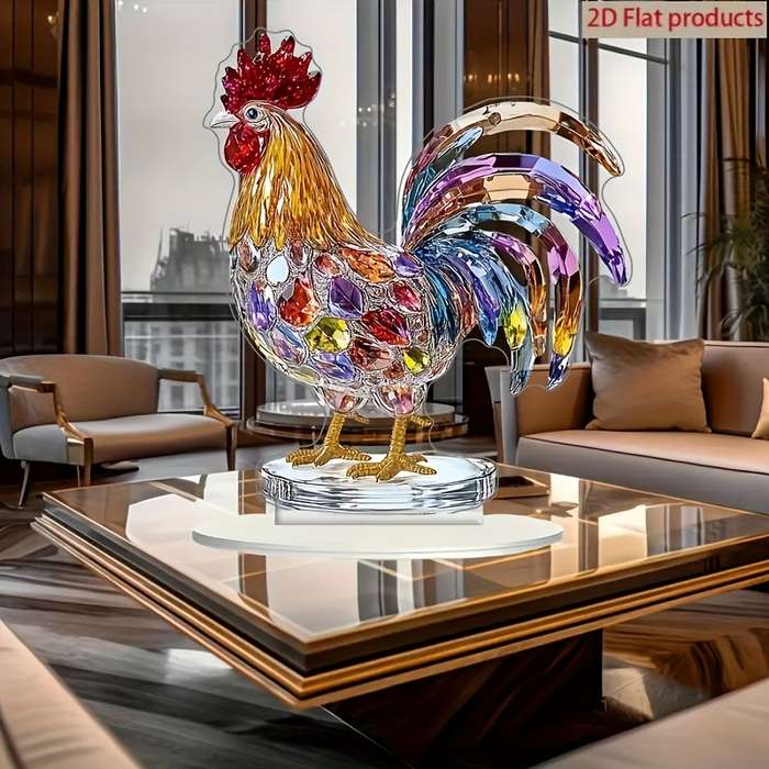 1pc 2D Flat   Elegant Multicolor Crystal Rooster Desk Decoration Vibrant Acrylic Chicken O