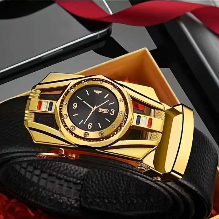 Elegant Men's Black Imitation Leather Belt With Gold Automatic Buckle