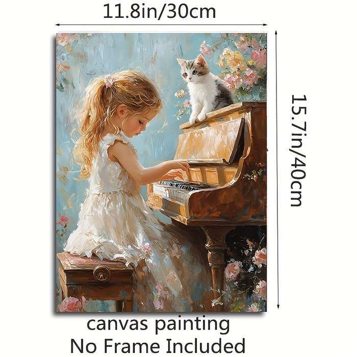 1pc  Oil on Canvas Frameless 30.48X40.64 cm Little Girl Playing The Piano Home Decoration