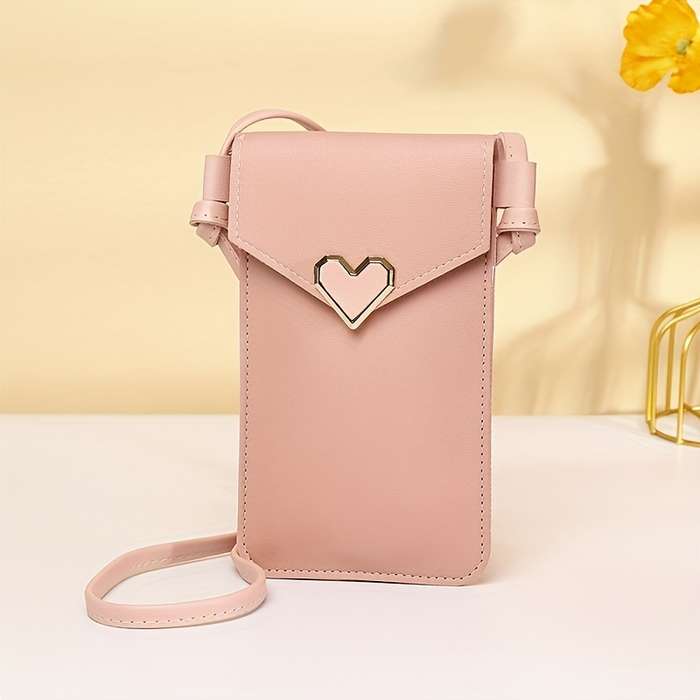 1pc Women'S Vintage Pink Heart Buckle Crossbody Bag with Clear Phone Pocket Durable Synthetic Fau