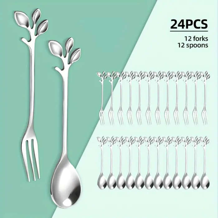 24-Piece Stainless Steel Leaf Fork And Spoon Set