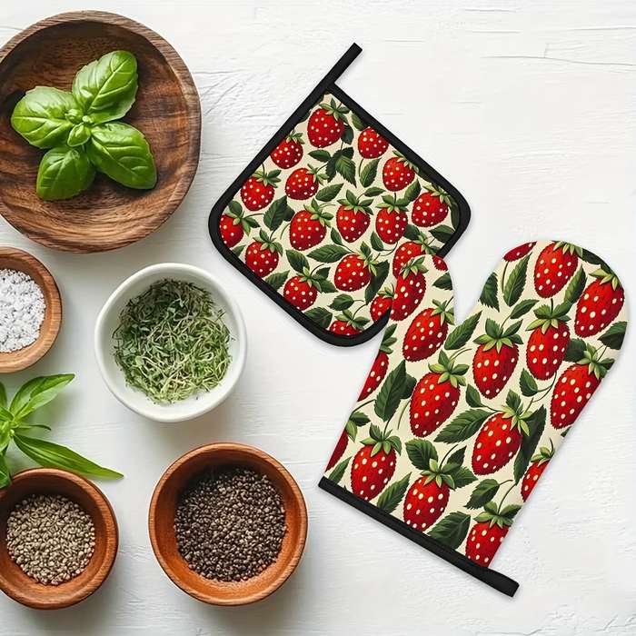 2pcs Vintage Strawberry Kitchen Mitts Pot Holders Set Heat Resistant Microwave Gloves Pa