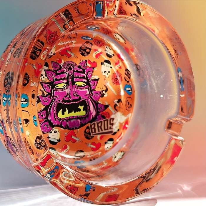 1pc Creative Patterned Glass Ashtray Round Transparent Design with Vibrant Monster Graffiti