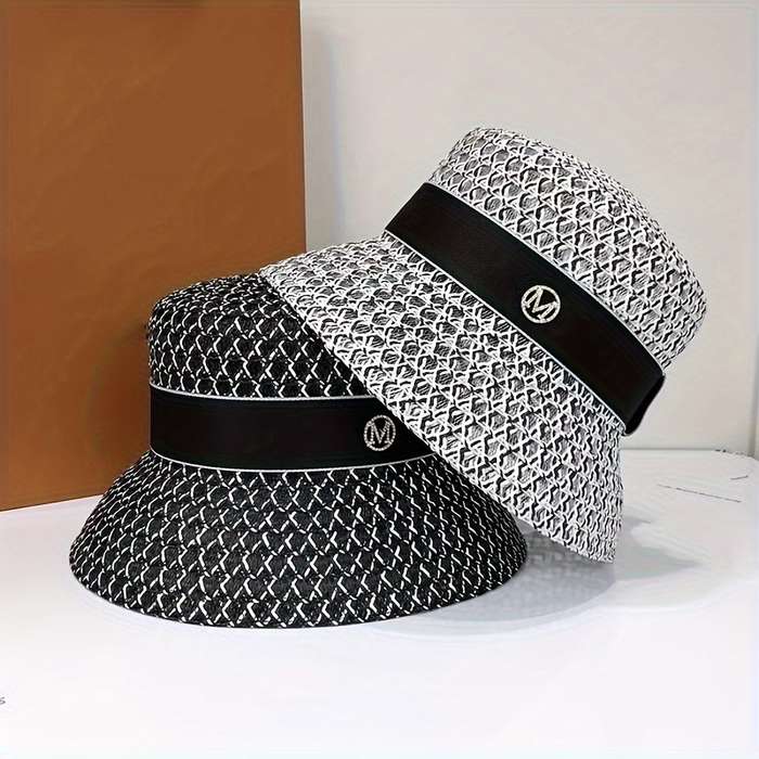 1pc Summer Breathable Weave Bucket Hat 100% Polyester with Elastic Band Sun Protection Lightweigh