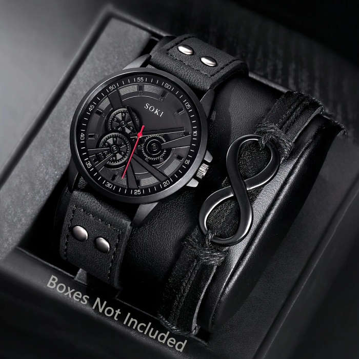 2pcs Men's Sport Digital Watches with Faux Leather Woven Wrap Bands Alloy Case Quartz Movement Black