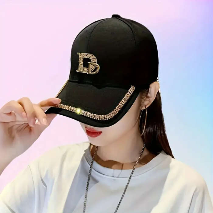1pc Stylish Black Baseball Cap with Golden Letter D Rhinestone Trim Adjustable Toggle