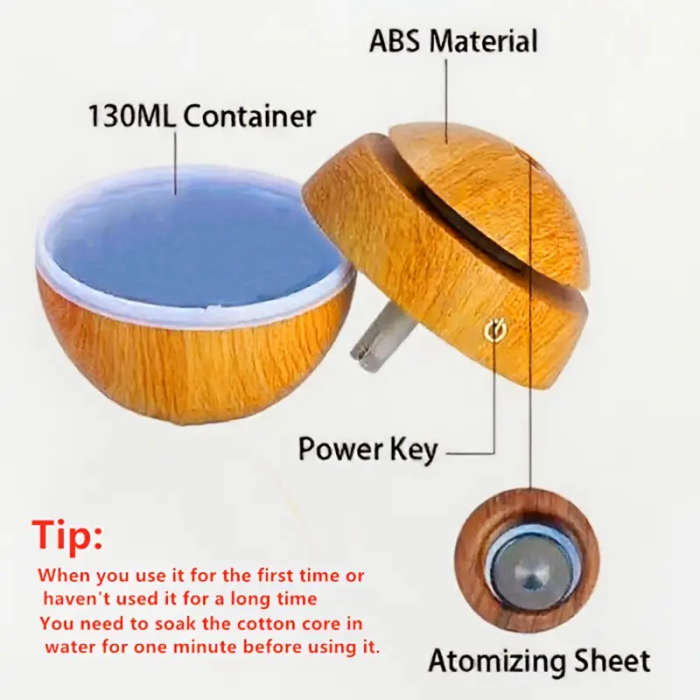Wood Grain 13ml Humidifier for Home, USB-Powered with Night Light, Atomization Mode, 300ml/hr Max H