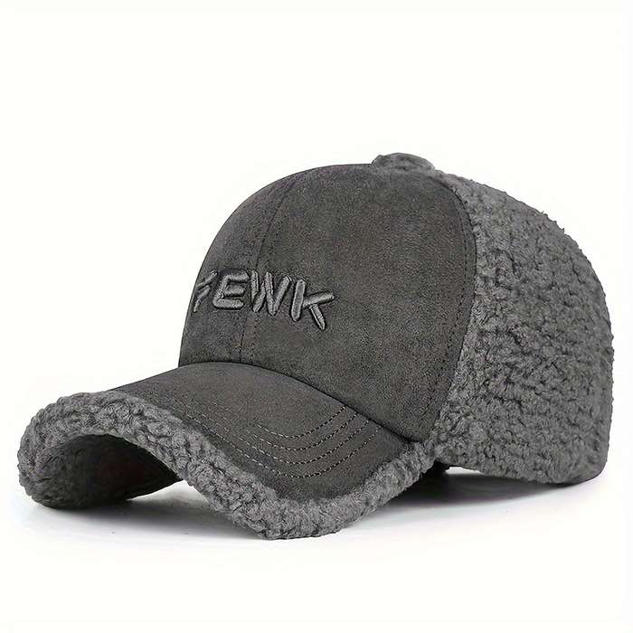 1pc FEWK Embroidered Fleece Baseball Cap Warm Cozy Brown Trucker Hat with Faux Leather Patc