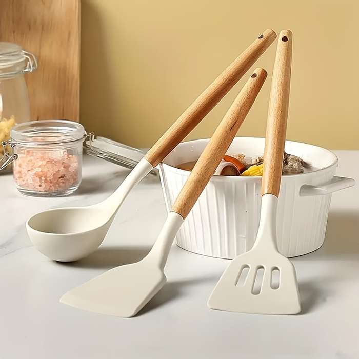 3pcs Silicone Kitchen Utensil Set Heat-resistant Food Grade Spatula Spoon and Flipper with G