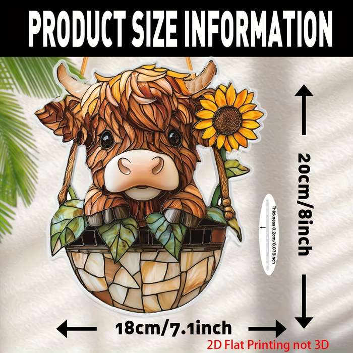 1pc 2D Flat  Highland Cow Acrylic Wall Pediment  Print Farmhouse Window Catchlight 7.1"x8" Ind