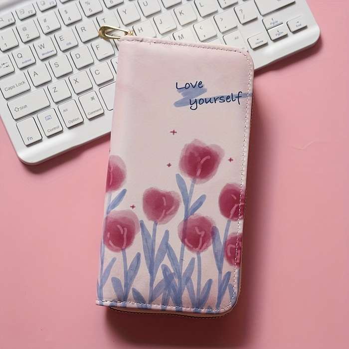 1pc Women'S Casual Floral Zipper Wallet with Multiple Card Slots Large Capacity Coin Pouch with "
