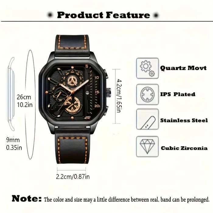 1pc Men'S Vintage Sports Chronograph Watch Large Square Dial Faux Leather Strap Quartz Movement Cale