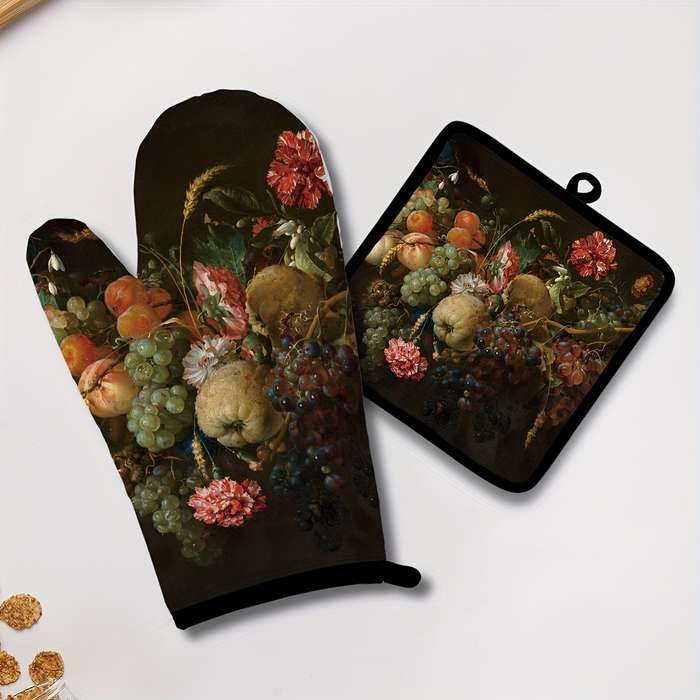 2pcs Insulated Gloves Set Microwave Kitchen Heat-Resistant Oven Mitts with Thickened Grid