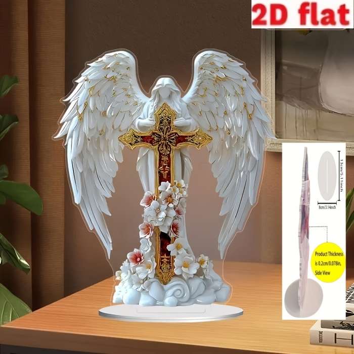 1pc 2D Flat  Acrylic Angel and Cross Centerpiece Decoration with Floral Decoration Suitable for P
