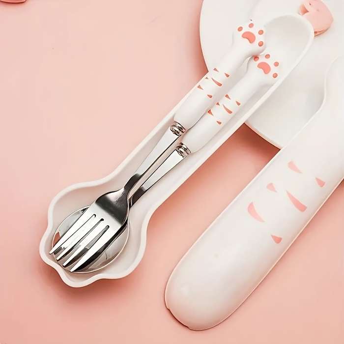 1pc Cat Claw Design Stainless Steel Cutlery Setm Cute Cat's Paw Cutlery Set with Storage Box