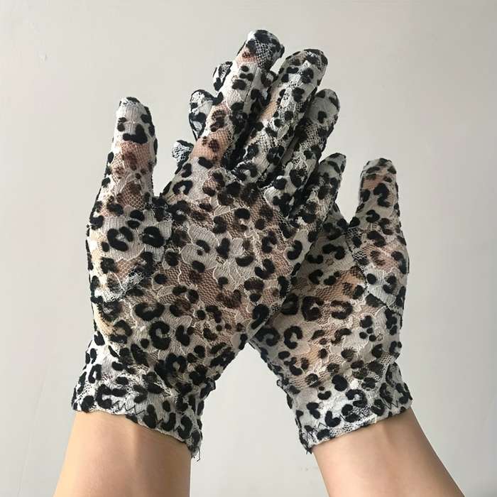 5 Pairs Black And White Leopard Print Lace Gloves