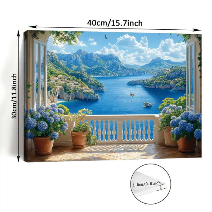 1pc Coastal Balcony Seascape Canvas Wall Art Woven Wooden Framed Print 29.97x39.88 cm Ideal for Livi