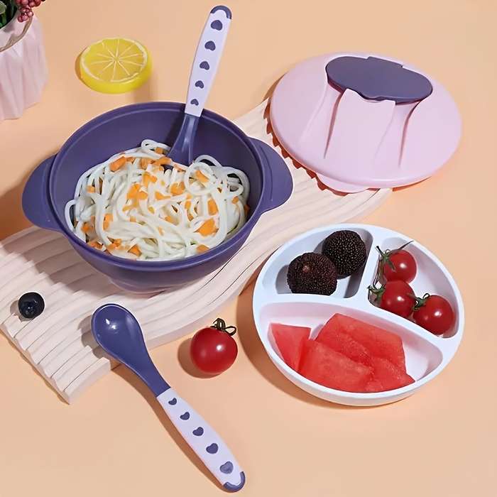 6pcs Baby Feeding Set BPA-Free Plastic Silicone Non-Slip Suction 3-Compartment Plate Ute