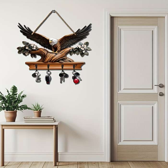 1pc Eagle Spreading Wings Simple Colored Wooden and Key Hanger with Four Metal Hooks (30.0cm x 24.