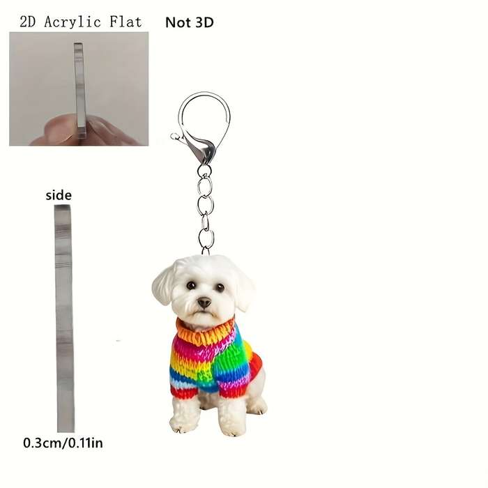 1pc 2D Flat  Acrylic Flat Bichon Frise Keychain Adorable Dog Sweater Design Perfect for Bags Car Key