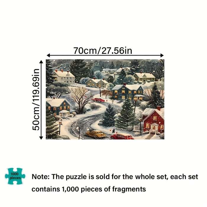 1000pcs Adult Puzzle Winter Village Snow Scene with Vintage Cars Festive Lights