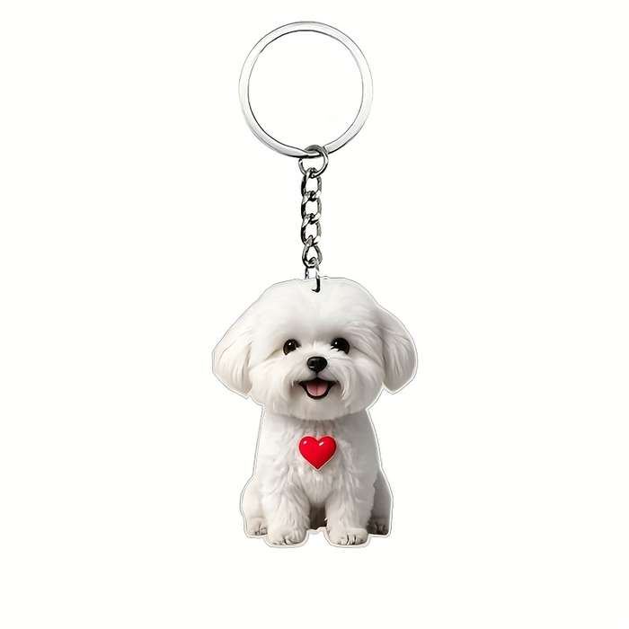 1pc 2D Flat    Cute White Dog Acrylic Keychain with Heart Charm Flat Keychain Perfect Gift