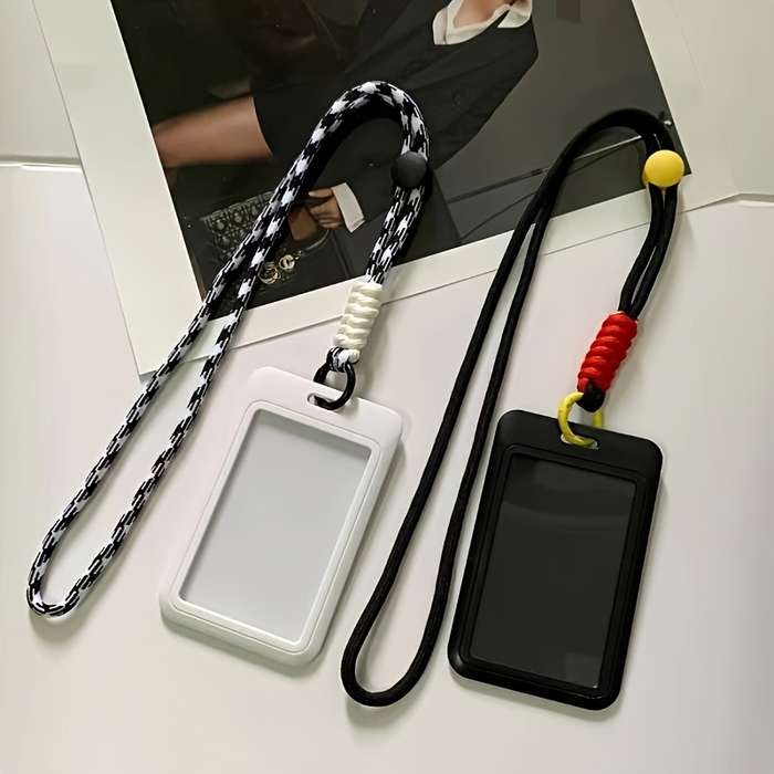 1pc Stylish Neck Lanyard Card Holder Durable Plastic Casual Design with Checkered Pattern Strap
