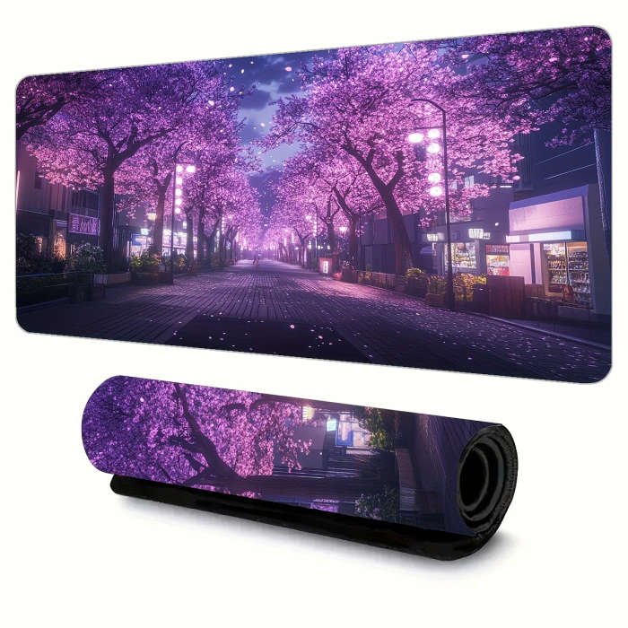 1pc 40x90cm Romantic Night Sakura Street Pattern Rubber Non-Slip Mouse Pad