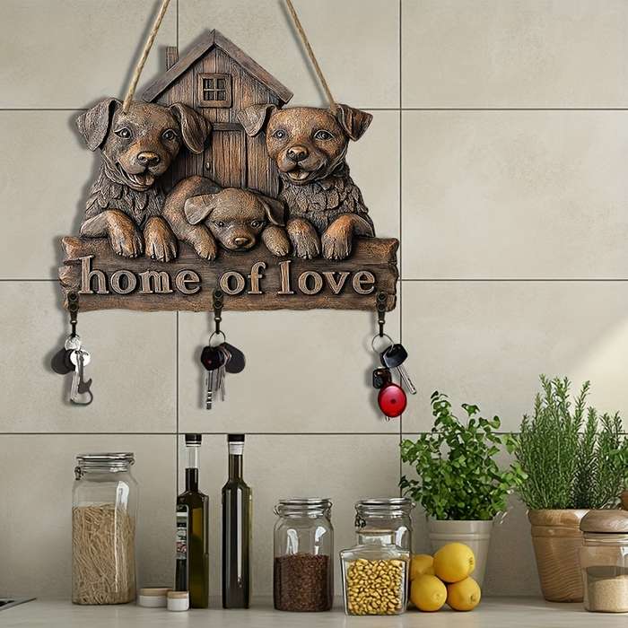 2D Flat 1pc Dog House Simple Colorful Wooden and Home Key Hanger with Four Metal Hooks 30.0cm x 2