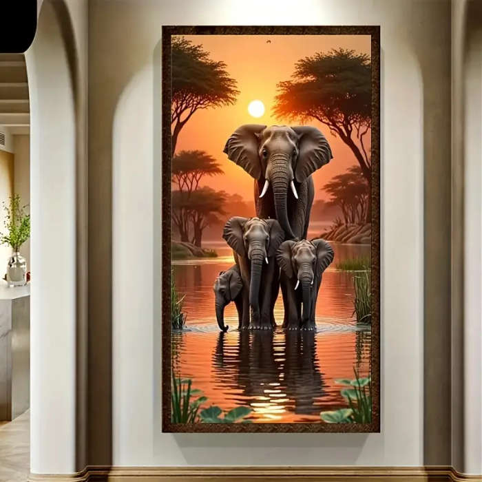 1pc 5D DIY Diamond Painting Kit Elephants and Sunset Scenery Full Drill Round Diamond Art Mosaic Cra