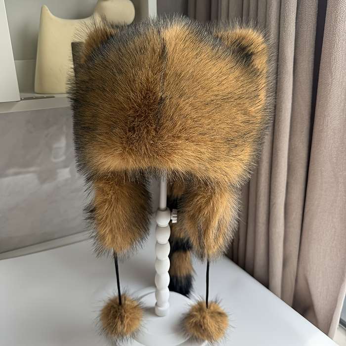 1pc Thick Faux Fur Pilot Hat Warm Coldproof Trapper Hat With Ear Flap Ski Hat Cute With Tail Ha