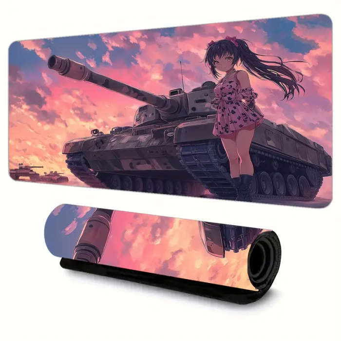 1pc 40x90cm Gaming Mouse Pad with Tank and Anime Girl Design Washable Non-Slip Rubber Desk Mat