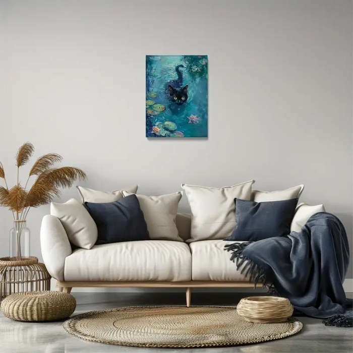 1pc Charming Black Cat in the Pond Canvas Art Wooden Framed Wall Decor for Living Room Bedroom Offic