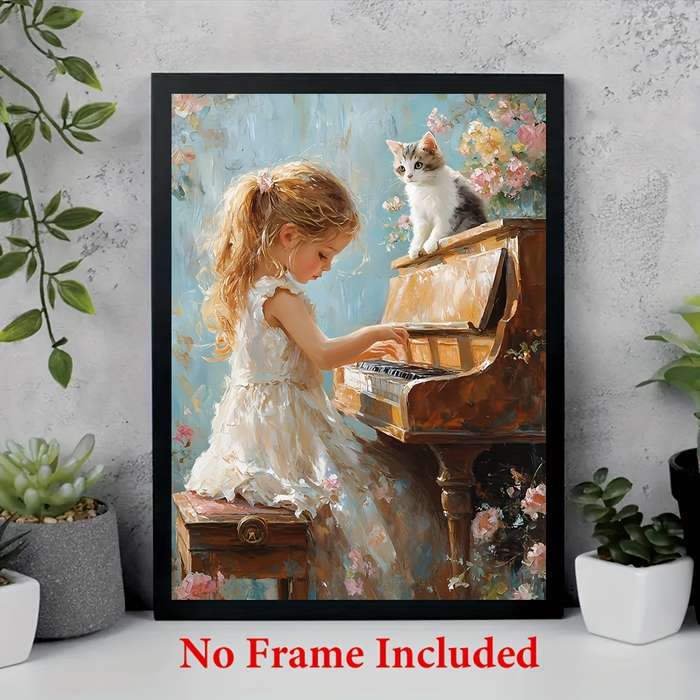 1pc  Oil on Canvas Frameless 30.48X40.64 cm Little Girl Playing The Piano Home Decoration