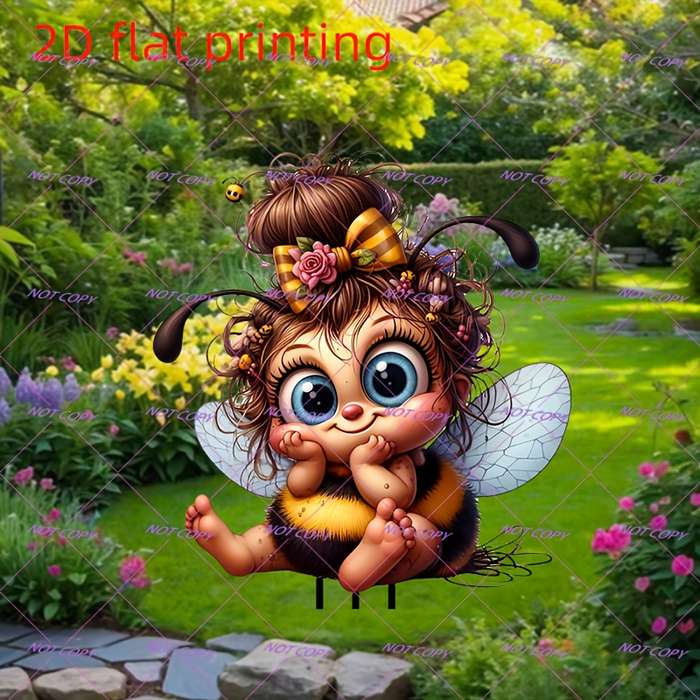 1pc 2D Flat  Whimsical  Printed Bee Garden Stake Adorable Cartoon-Style Bee with Flower Cr