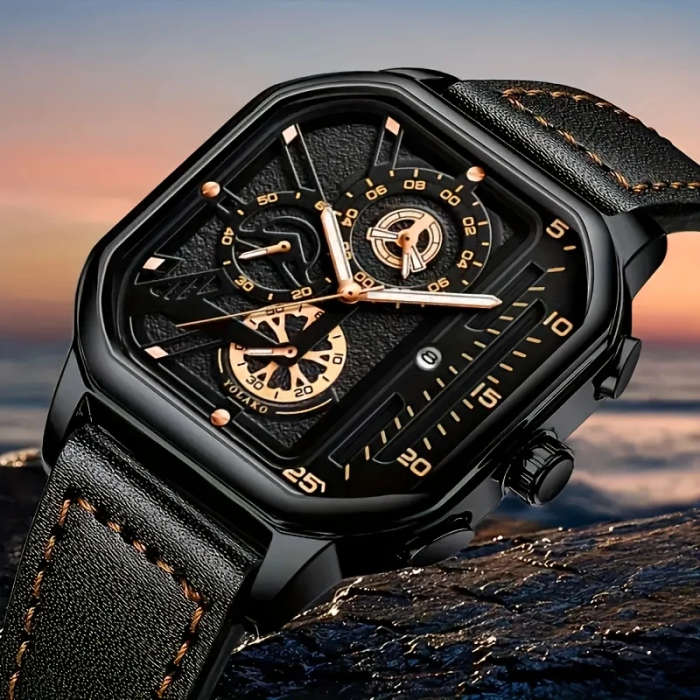 1pc Men'S Vintage Sports Chronograph Watch Large Square Dial Faux Leather Strap Quartz Movement Cale
