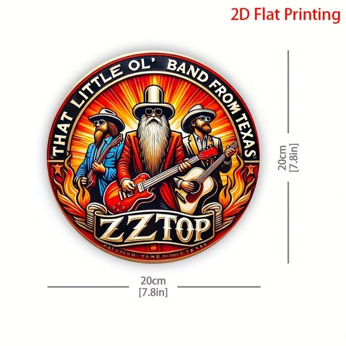 1pc 2D Flat Round 20.32x20.32 cm Vintage ZZ Top Aluminum Round Sign es Fiery Texas Band Desig